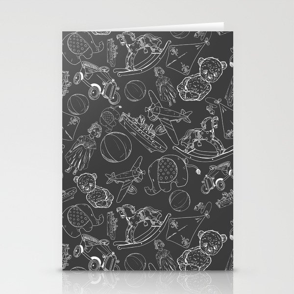 Dark Grey and White Toys Outline Pattern Stationery Cards