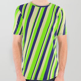 [ Thumbnail: Pale Goldenrod, Chartreuse & Midnight Blue Colored Lines Pattern All Over Graphic Tee ]