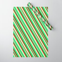 [ Thumbnail: Green, Brown & Beige Colored Lined/Striped Pattern Wrapping Paper ]