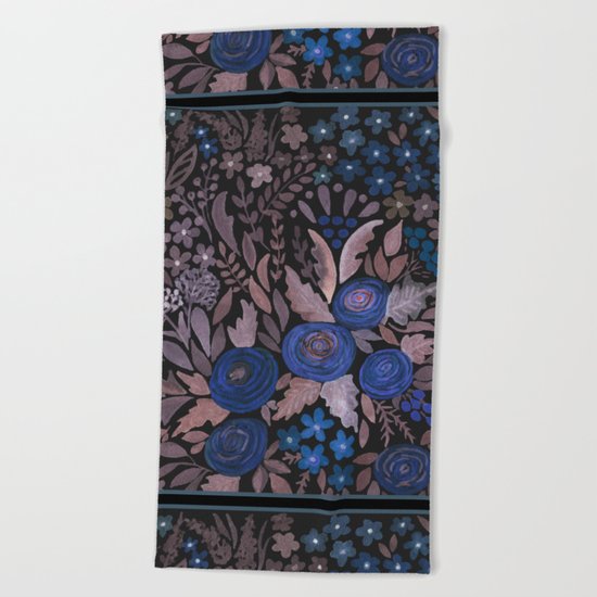 Watercolor blue flowers . The blue of the night . Beach Towel