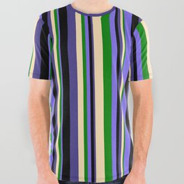 [ Thumbnail: Eyecatching Medium Slate Blue, Green, Beige, Dark Slate Blue, and Black Colored Stripes Pattern All Over Graphic Tee ]