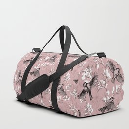 Flowers and Flight in Monochrome Rose Pink Duffle Bag