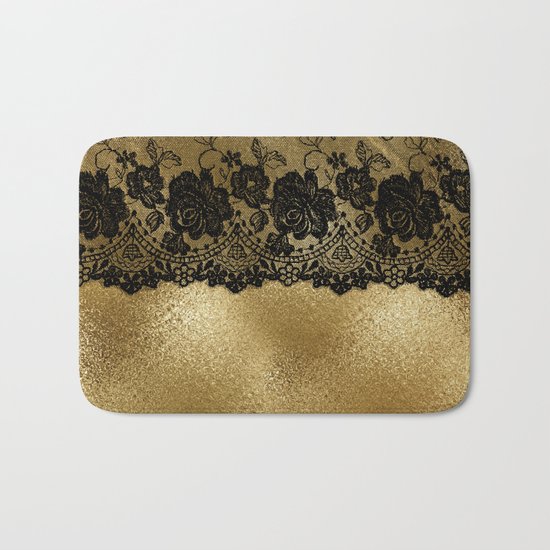Black luxury lace on gold glitter effect metal- Elegant design on #Society6 Bath Mat