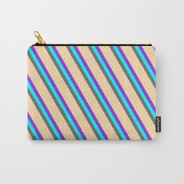 [ Thumbnail: Purple, Cyan, Dim Gray & Tan Colored Lined/Striped Pattern Carry-All Pouch ]