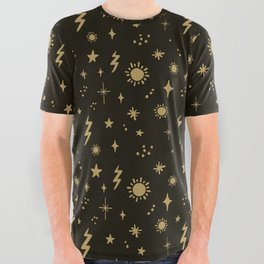 Black and Gold Celestial Night Sky Sun Pattern All Over Graphic Tee