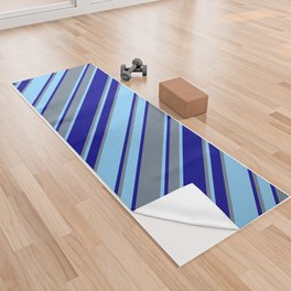 [ Thumbnail: Light Sky Blue, Slate Gray, and Dark Blue Colored Striped/Lined Pattern Yoga Towel ]