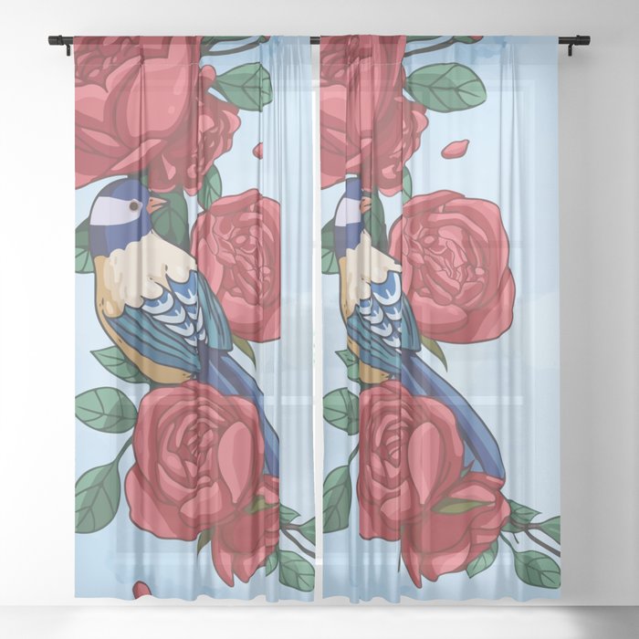 Rose bird art Sheer Curtain