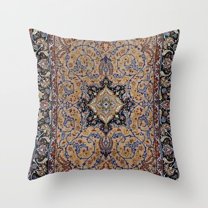 Central Persia Isfahan Old Century Authentic Colorful Golden Yellow Blue Vintage Patterns Throw Pillow