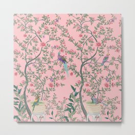Chinoiserie Pink Fresco Floral Garden Birds Oriental Botanical Metal Print | Oriental, Painting, Flowers, Antique, Vintage, Style, Birds, Design, Chinese, Nature 