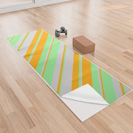 [ Thumbnail: Light Green, Orange & Light Grey Colored Lined/Striped Pattern Yoga Towel ]
