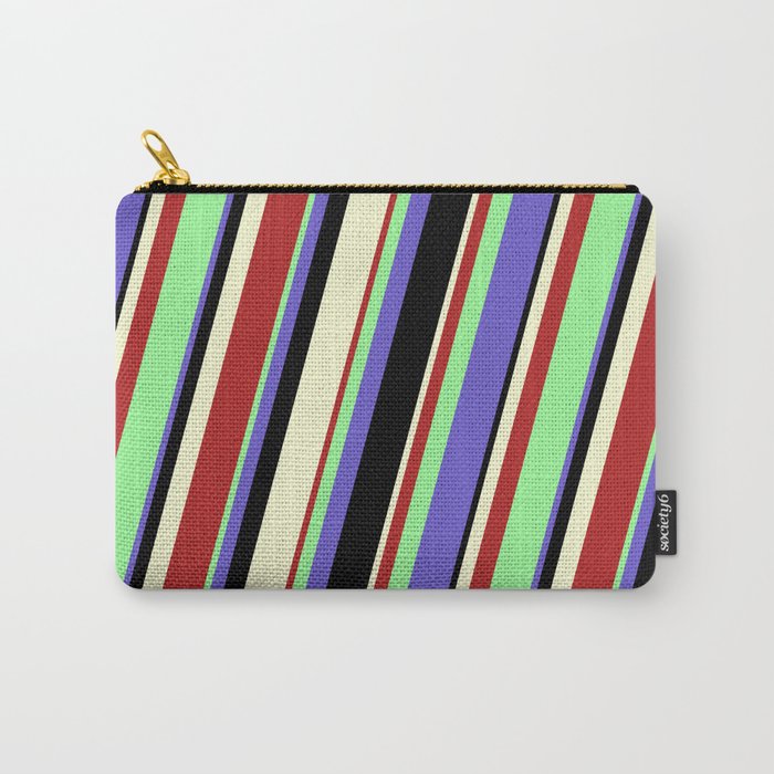 Green, Slate Blue, Black, Light Yellow, and Red Colored Stripes Pattern Carry-All Pouch