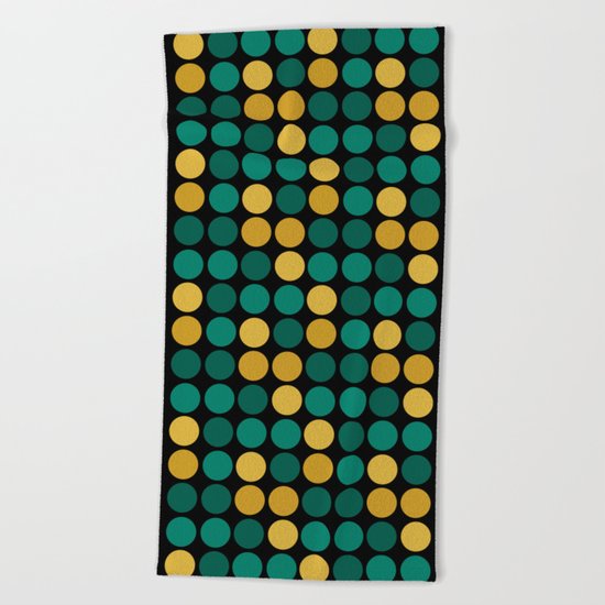 Yellow green polka dots on a black background . Beach Towel