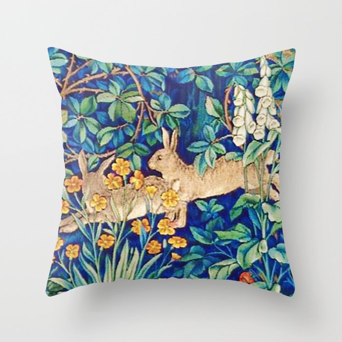 William Morris "Two Hares" - Wild Rabbits in a Forest Throw Pillow