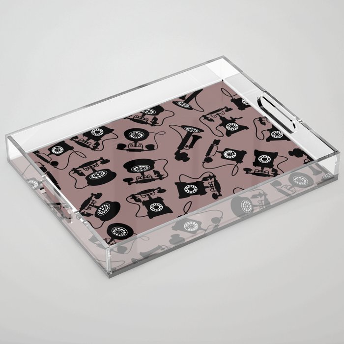 Black Vintage Rotary Dial Telephone Pattern on Rosy Brown Acrylic Tray