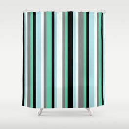 [ Thumbnail: Aquamarine, Black, Powder Blue, Mint Cream, and Gray Colored Pattern of Stripes Shower Curtain ]