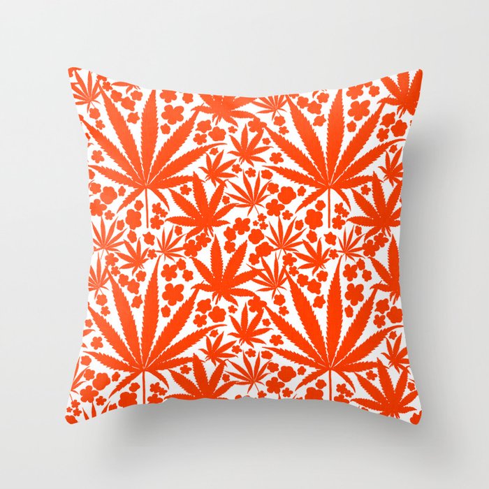Modern Botanical Cannabis And Flowers Bold Red Throw Pillow