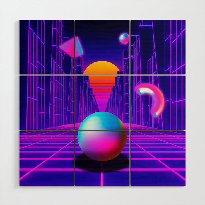Neon sunset, trench and sphere Wood Wall Art