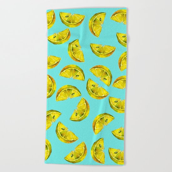 Lemon Slices Pattern Turquoise Beach Towel