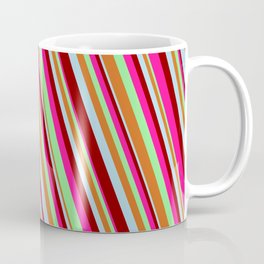 [ Thumbnail: Eye-catching Deep Pink, Light Green, Chocolate, Light Blue & Dark Red Colored Lines/Stripes Pattern Coffee Mug ]