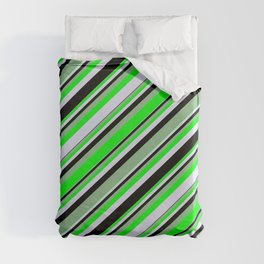 [ Thumbnail: Dark Sea Green, Lime, Lavender, and Black Colored Lines/Stripes Pattern Duvet Cover ]