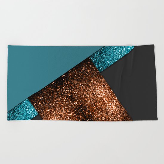 Aqua blue and bronze sparkles modern color block art Beach Towel