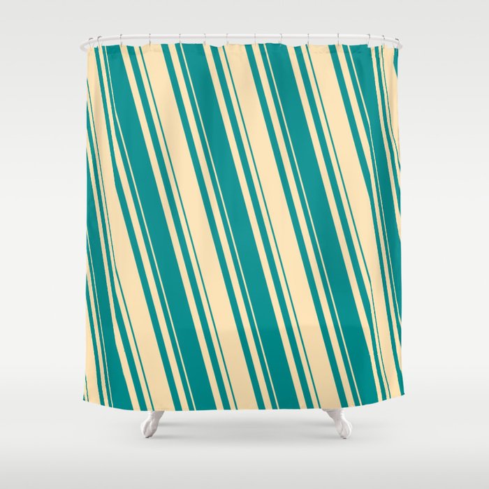 Beige & Dark Cyan Colored Lines/Stripes Pattern Shower Curtain