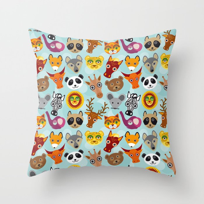Pattern With Funny Cute Animal Face On A Blue Background Throw