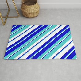 [ Thumbnail: Turquoise, White, and Blue Colored Striped/Lined Pattern Rug ]