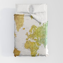 Rainbow watercolor world map with cities "Phoenix"  Duvet Cover