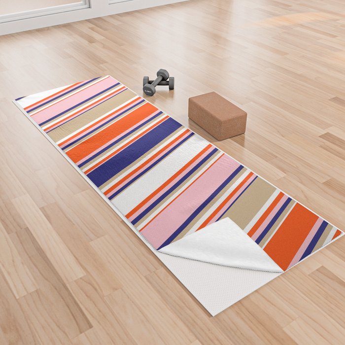 Colorful Red, White, Tan, Midnight Blue, and Pink Colored Lines/Stripes Pattern Yoga Towel