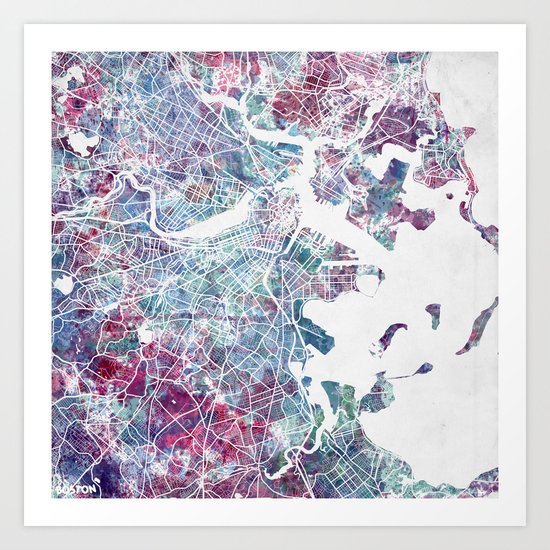 Boston Map Art Print By Mapmapmaps Watercolors Society6