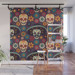Day of the Dead. Seamless vintage pattern with sugar skulls and flowers on dark background.  Wall Mural