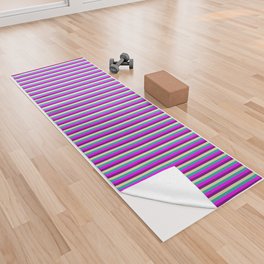 [ Thumbnail: Light Sea Green, Pale Goldenrod, Purple, and Fuchsia Colored Stripes Pattern Yoga Towel ]