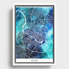 Austin Texas Map Navy Blue Turquoise Watercolor Framed Canvas