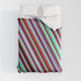 [ Thumbnail: Lavender, Green, Red, Black & Orchid Colored Lines/Stripes Pattern Comforter ]