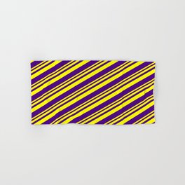 [ Thumbnail: Yellow and Indigo Colored Lines/Stripes Pattern Hand & Bath Towel ]