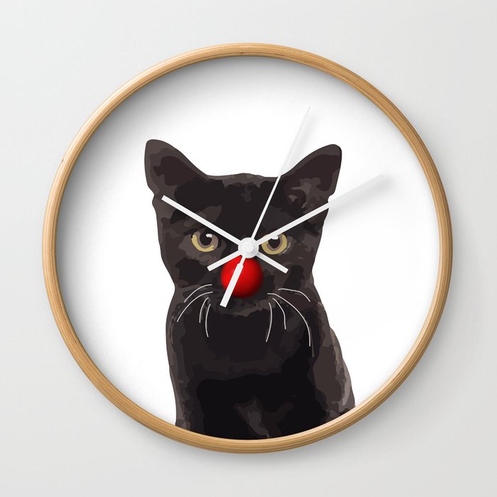 Black Cat Red Clown nose Wall Clock