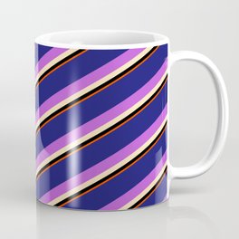 [ Thumbnail: Vibrant Midnight Blue, Orchid, Beige, Black, and Red Colored Striped/Lined Pattern Coffee Mug ]