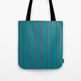 [ Thumbnail: Teal, Maroon & Medium Slate Blue Colored Lined/Striped Pattern Tote Bag ]