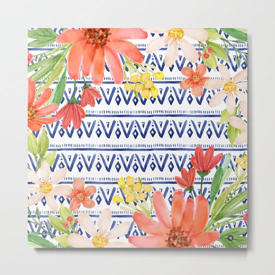 Indigo with watercolor flowers Metal Print