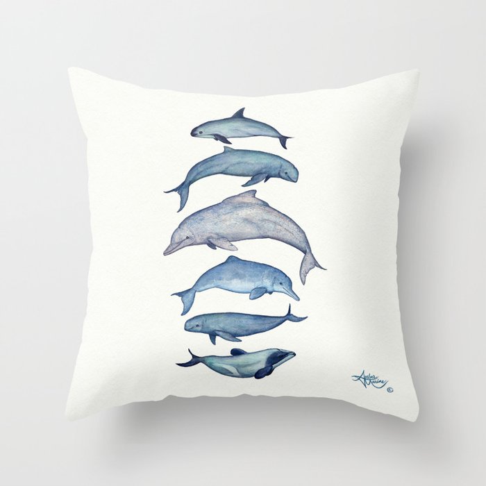 "Rare Cetaceans" by Amber Marine - Watercolor dolphins and porpoises - (Copyright 2017) Throw Pillow