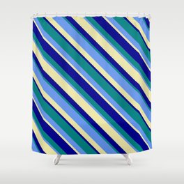 [ Thumbnail: Cornflower Blue, Pale Goldenrod, Dark Blue, and Teal Colored Striped Pattern Shower Curtain ]
