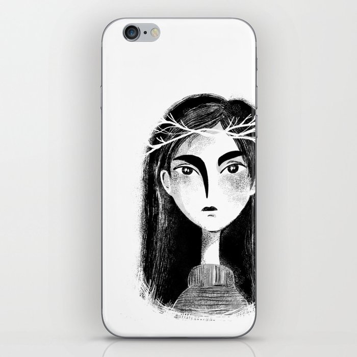 Black and white portrait of a girl with branches in her hair iPhone Skin