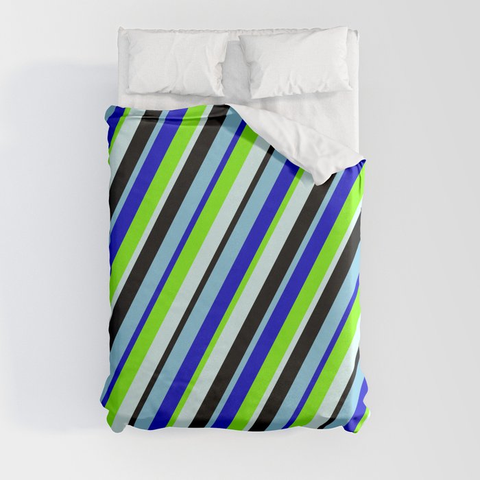 Colorful Sky Blue, Blue, Chartreuse, Light Cyan & Black Colored Lines Pattern Duvet Cover