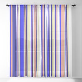 [ Thumbnail: Pale Goldenrod, White, Blue, Dark Salmon, and Dark Blue Colored Pattern of Stripes Sheer Curtain ]