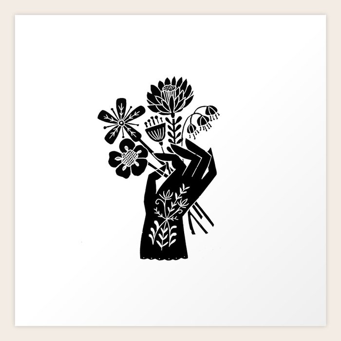picture Linocut Flowers linocut black and white hand holding flowers art printmaking design art print by monoo