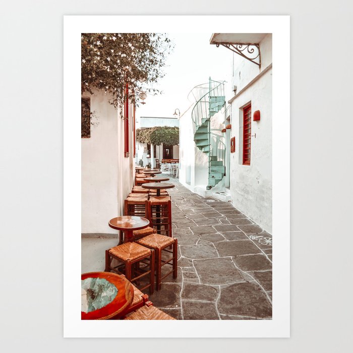 Sifnos Street view in Greece with Traditional Bars and Houses, Cyclades islands in Aegean Sea, Europe Travel Photography Art Print