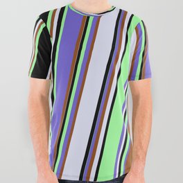 [ Thumbnail: Eyecatching Slate Blue, Brown, Lavender, Black & Green Colored Stripes Pattern All Over Graphic Tee ]