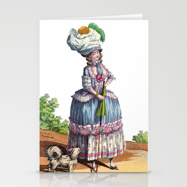 Vintage French Lady & Dog 18th Century Rococo Fashion Drawing, Blue & Pink Stationery Cards