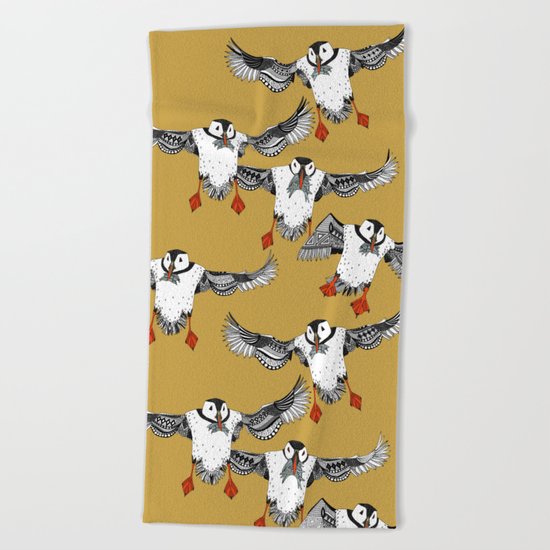 Atlantic Puffins gold Beach Towel
